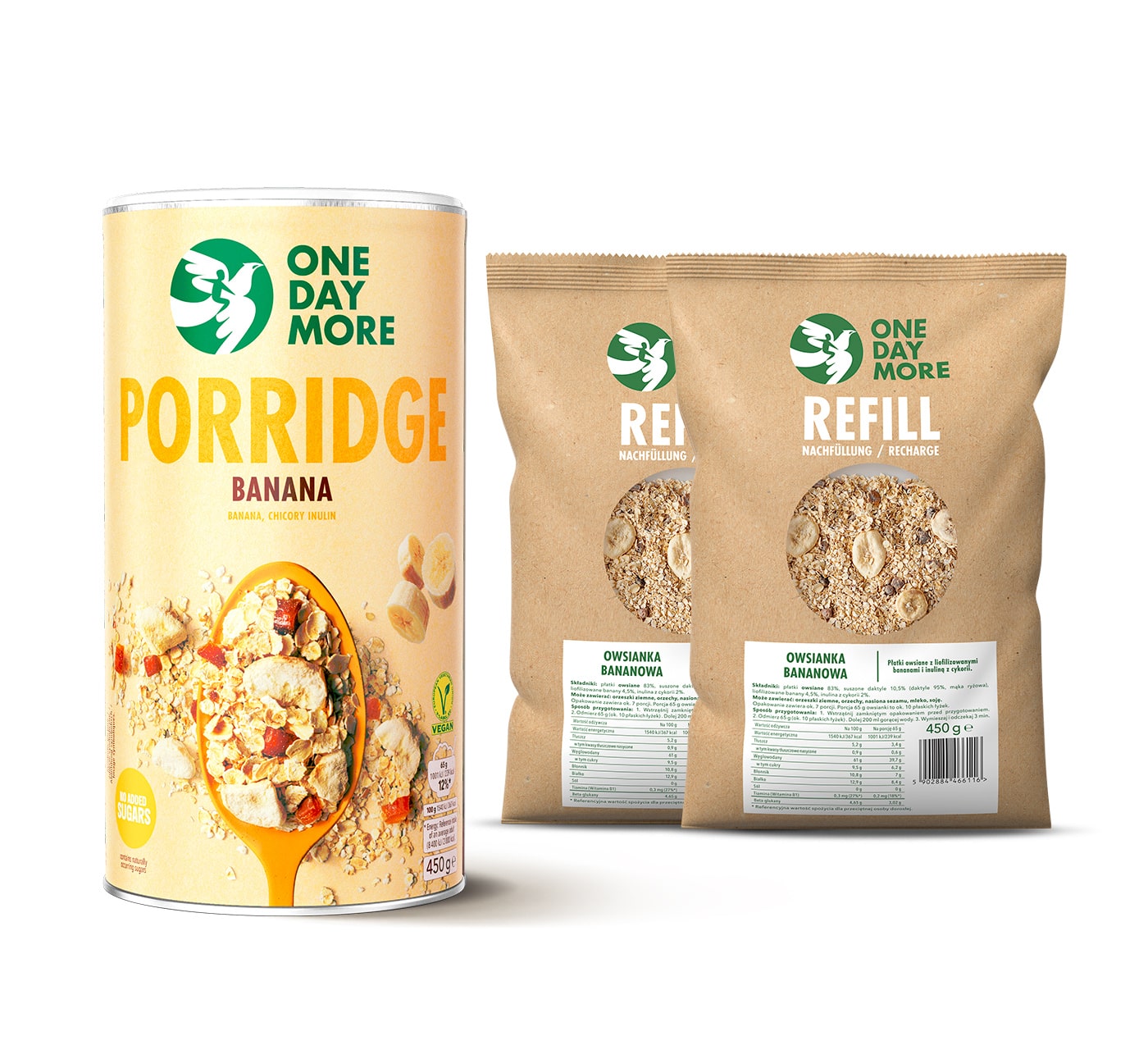 Porridge mit Bananen ohne Zucker + Nachfüllung 2er-Pack OneDayMore - Tube und 2x refill-pack