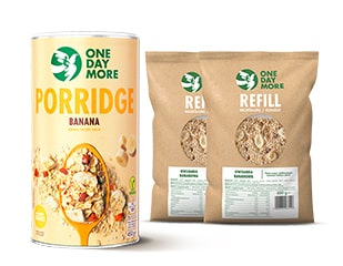 Porridge mit Bananen ohne Zucker + Nachfüllung 2er-Pack OneDayMore - Tube und 2x refill-pack